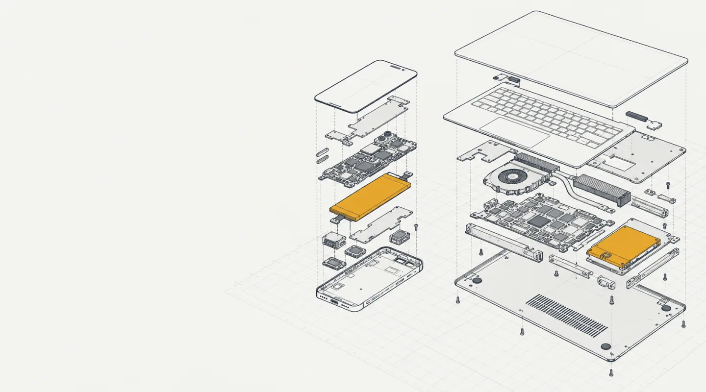 Smartphone e portatile disegnati in vista esplosa, con la batteria del telefono e il disco del portatile evidenziati in giallo