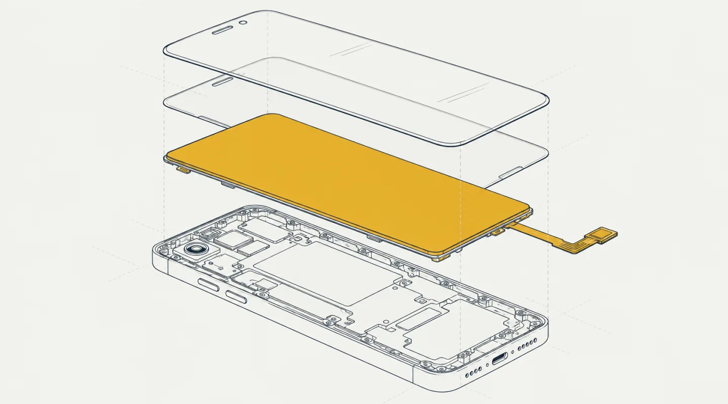 Smartphone in vista esplosa: due strati di vetro e il pannello del display, evidenziato, sollevati sopra il telaio