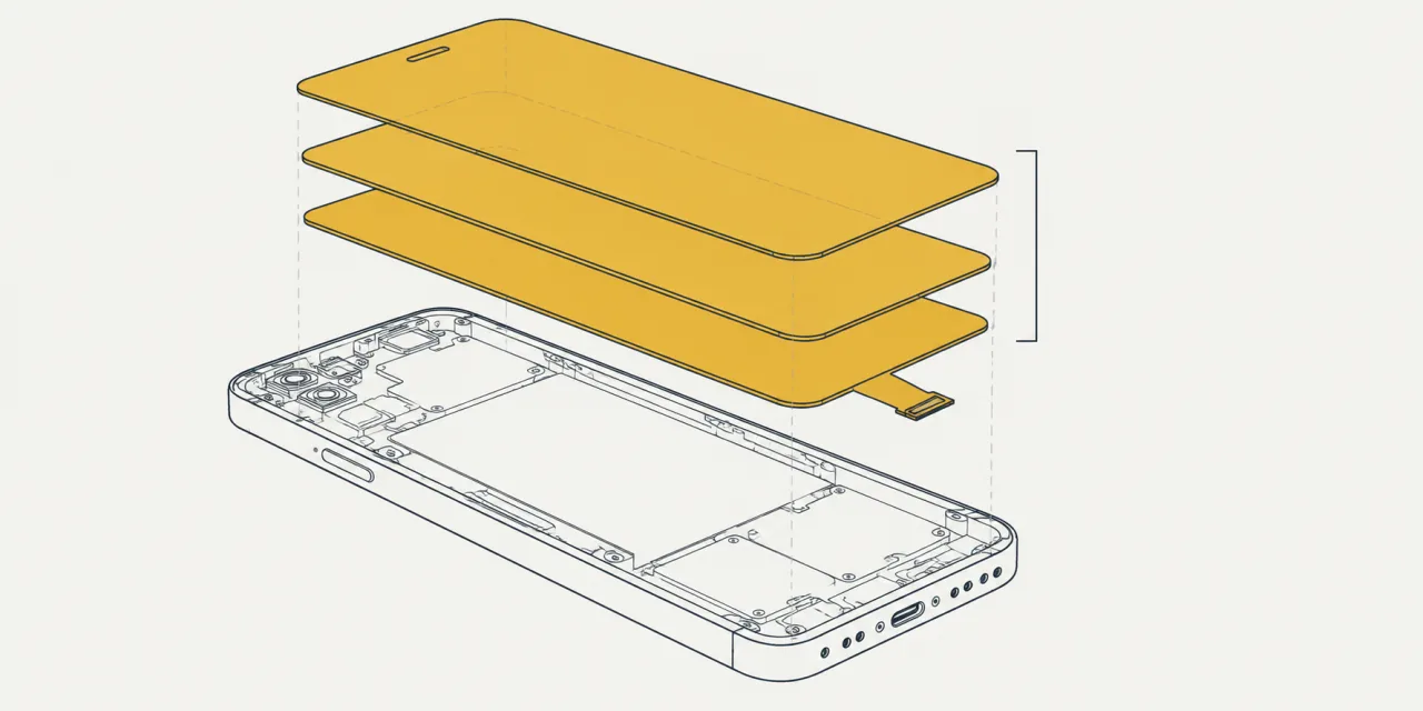 Tre strati del display, evidenziati, raggruppati da una parentesi come un unico blocco sopra il telaio dello smartphone