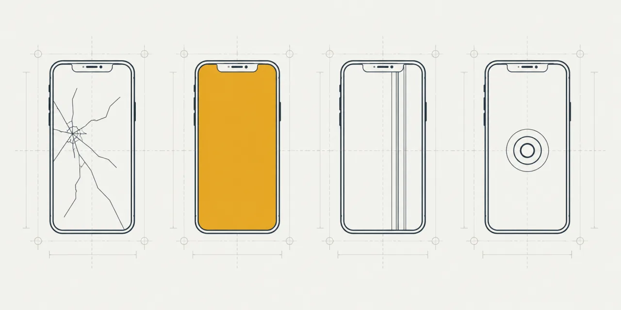 Quattro smartphone affiancati: vetro incrinato, schermo a tinta piena evidenziato, righe verticali, cerchi concentrici di un tocco