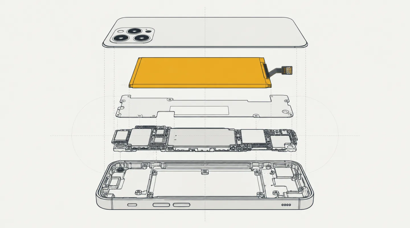 Smartphone in vista esplosa: scocca posteriore, batteria evidenziata con il suo connettore, scheda madre e telaio