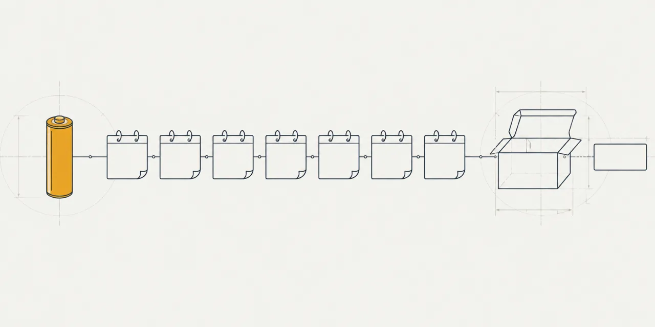Una batteria collegata da una linea a sette fogli di calendario, fino a una scatola di ricambi con un’etichetta vuota