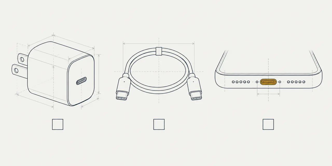 Alimentatore, cavo USB-C e porta di ricarica del telefono, ciascuno con una casella da spuntare; la porta è evidenziata
