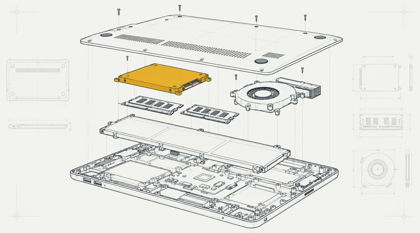 Portatile in vista esplosa: coperchio inferiore, disco evidenziato, moduli RAM, ventola e batteria