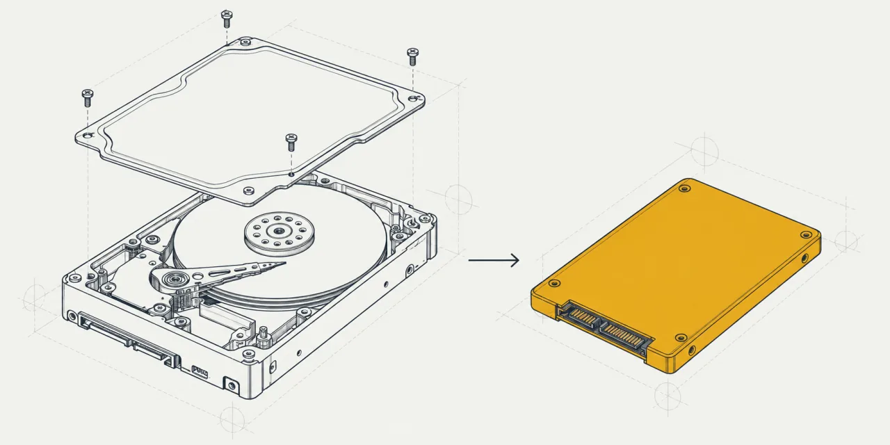Disco rigido meccanico aperto, con piatto e testina, e una freccia verso un SSD evidenziato